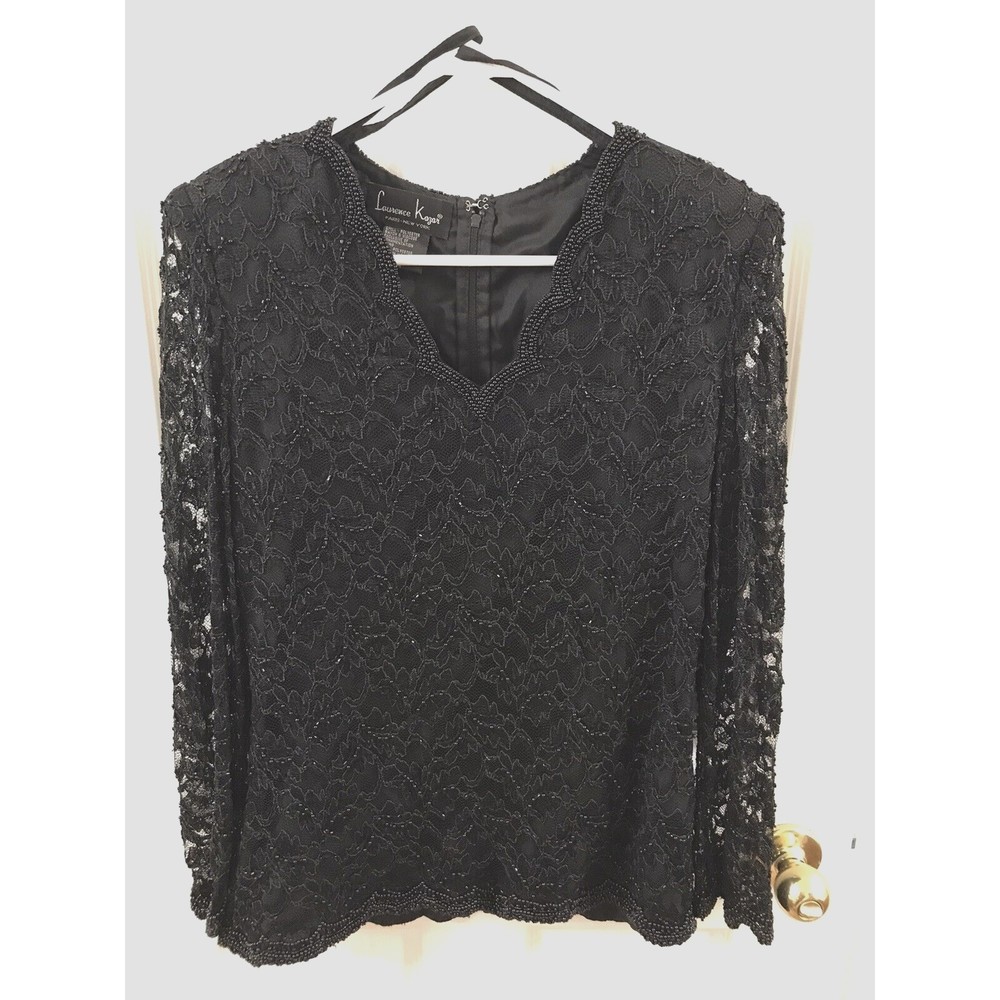 Laurence Kazar Womens Beaded Blouse Top Long Shear Sleeve Elegant New Years - M